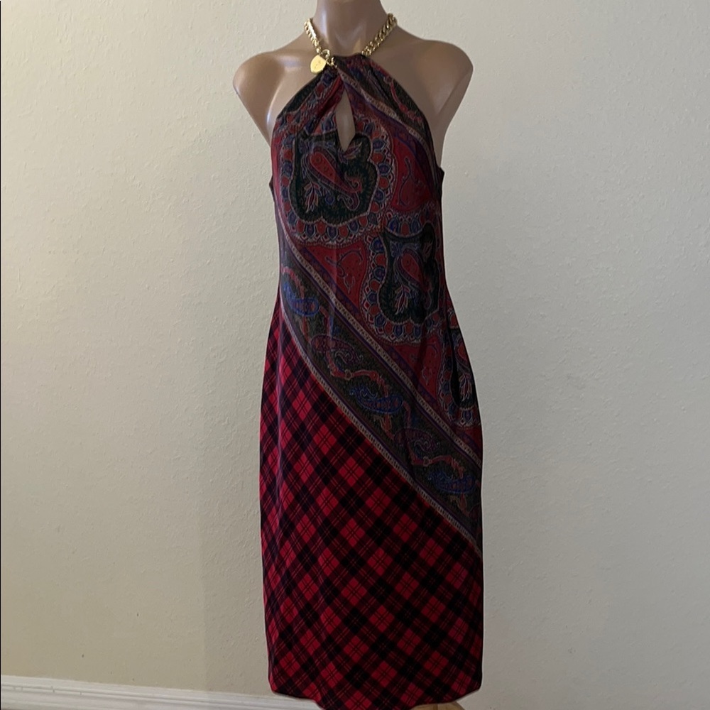 Elegant Red and Black Chain Halter Dress